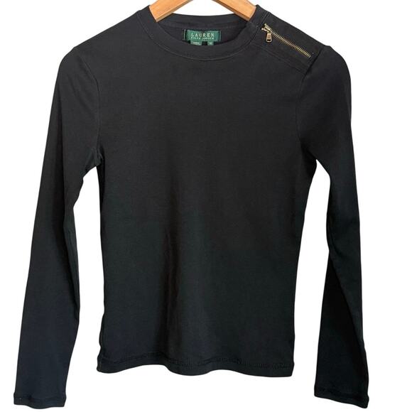 Lauren Ralph Lauren Black Long Sleeve Top XS Zip Shoulder Chic Minimalist - Picture 2 of 6